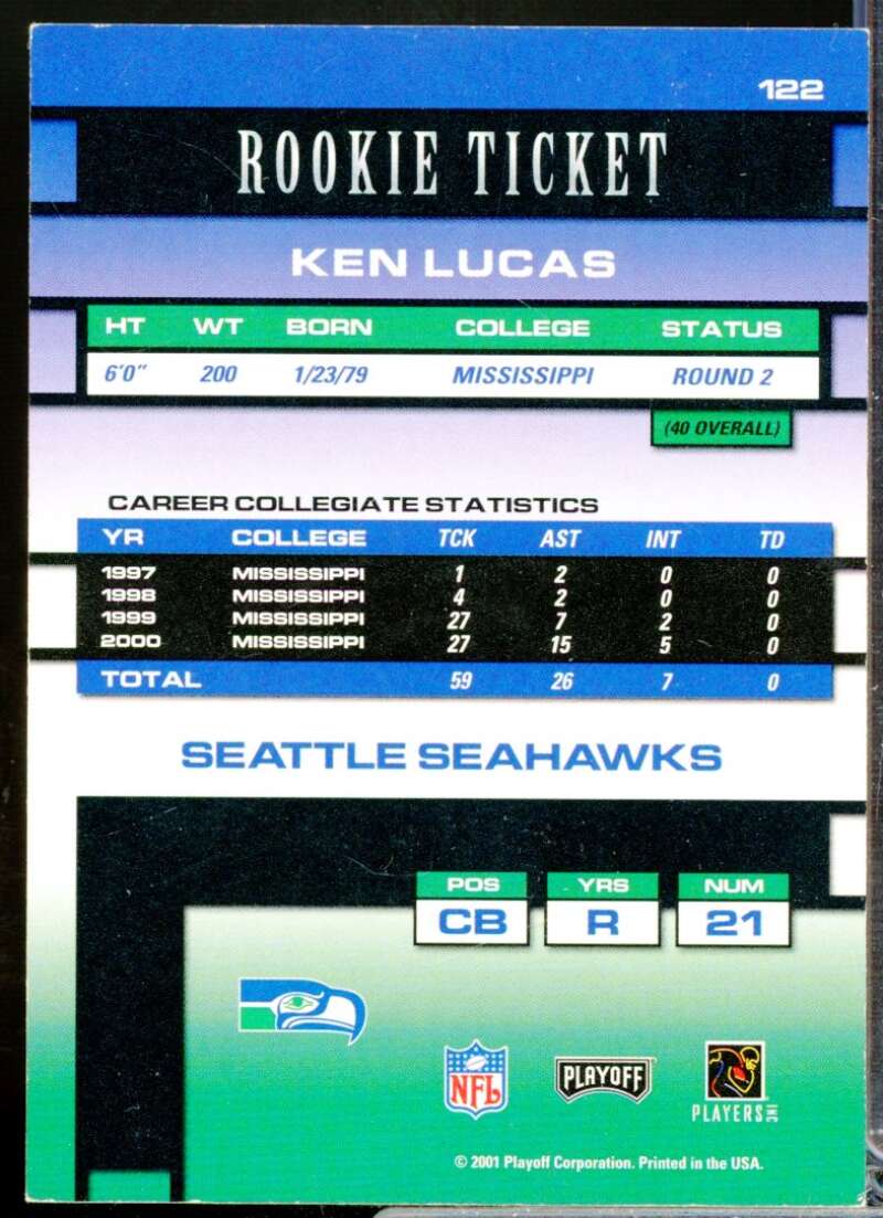 Ken Lucas RC Card 2001 Playoff Contenders Rookie Autograph #122  Image 2