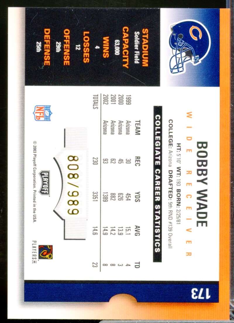 Bobby Wade /989 RC Card 2003 Playoff Contenders Rookie Autograph #173  Image 2