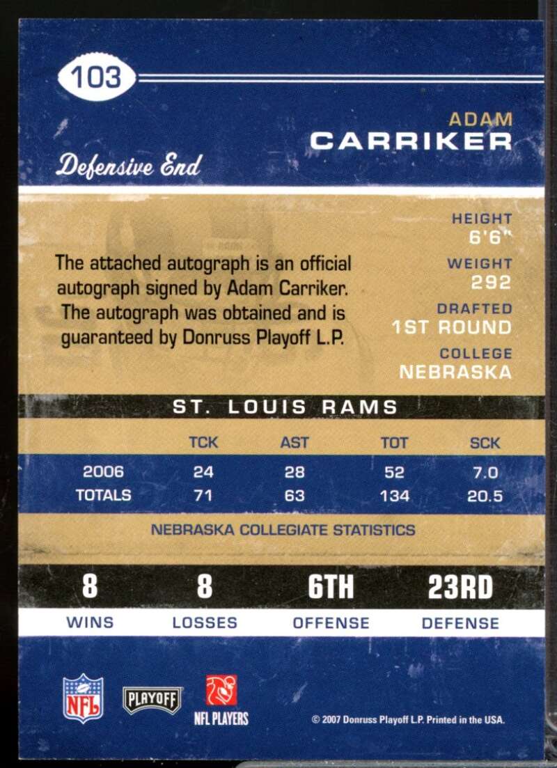 Adam Carriker RC Card 2007 Playoff Contenders Rookie Autograph #103  Image 2