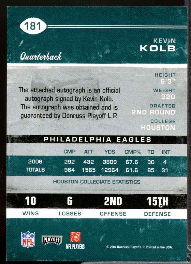 Kevin Kolb RC Card 2007 Playoff Contenders Rookie Autograph #181  Image 2
