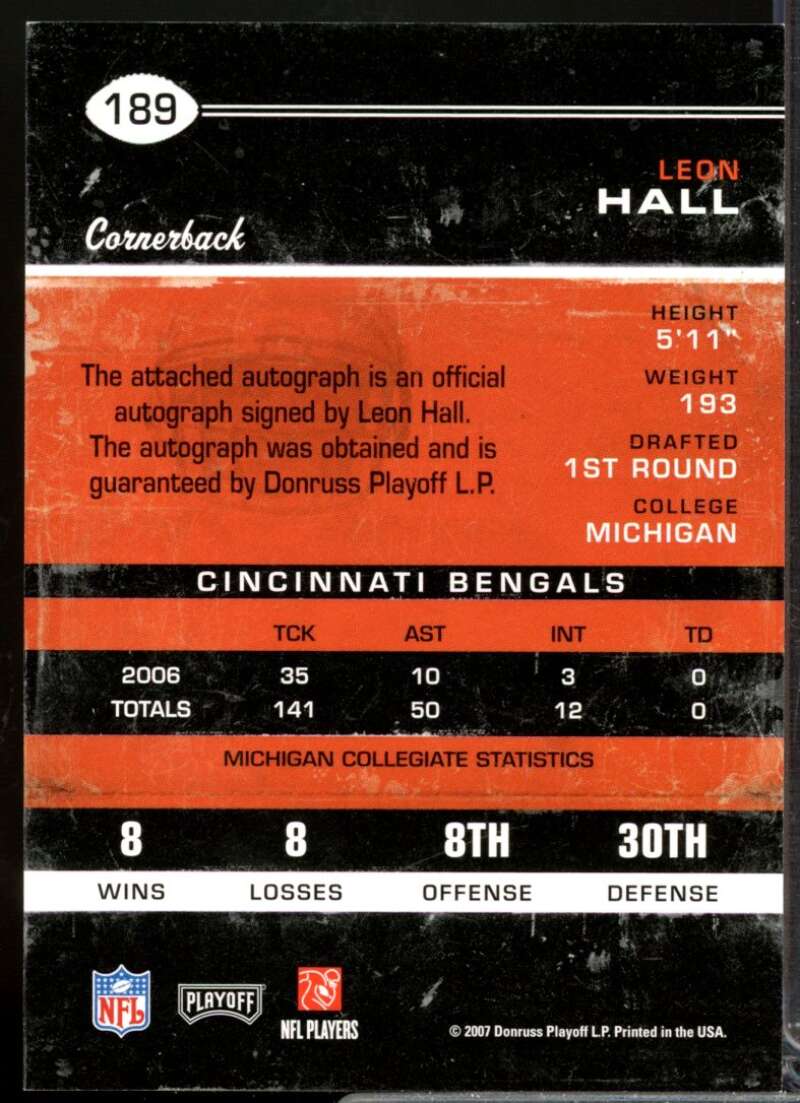 Leon Hall RC Card 2007 Playoff Contenders Rookie Autograph #189  Image 2