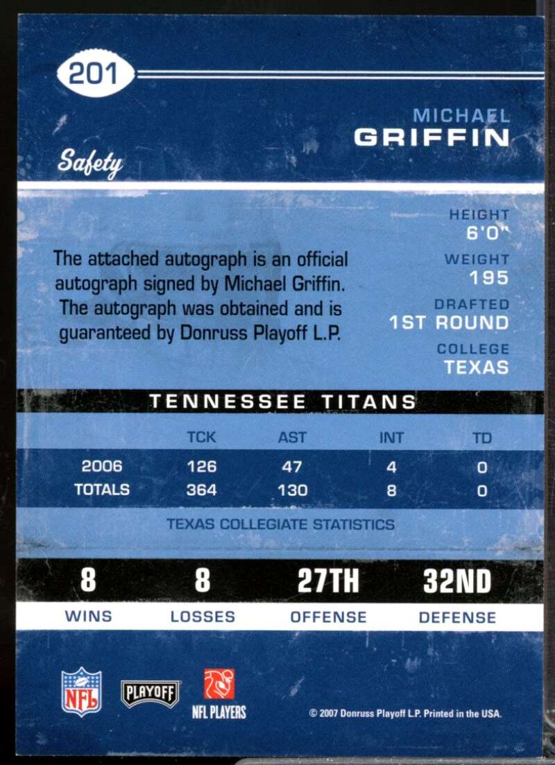 Michael Griffin RC Card 2007 Playoff Contenders Rookie Autograph #201  Image 2