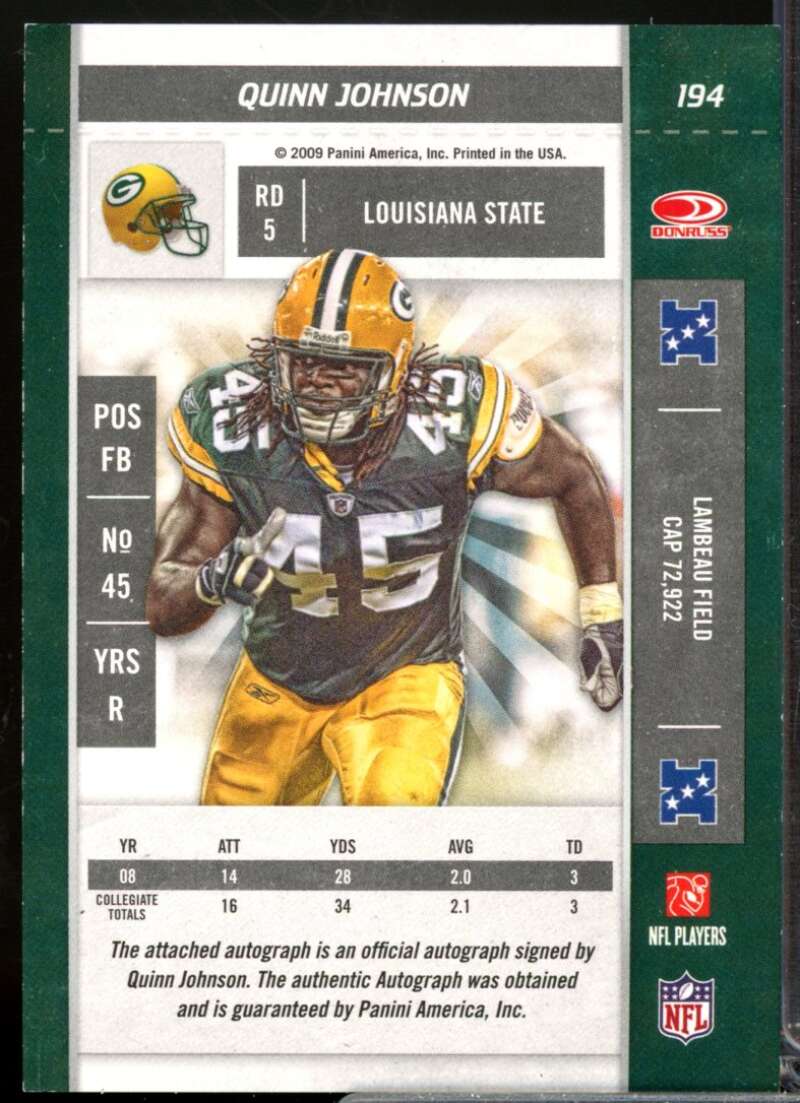 Quinn Johnson RC Card 2009 Playoff Contenders Rookie Autograph #194  Image 2