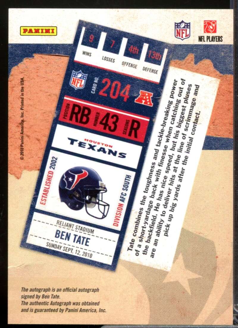 Ben Tate RC Card 2010 Playoff Contenders Rookie Autograph Variation #204B  Image 2