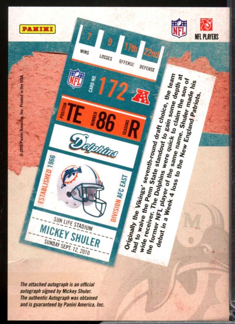 Mickey Shuler RC Card 2010 Playoff Contenders Rookie Autograph #172  Image 2