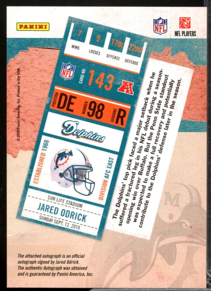 Jared Odrick RC Card 2010 Playoff Contenders Rookie Autograph #143  Image 2