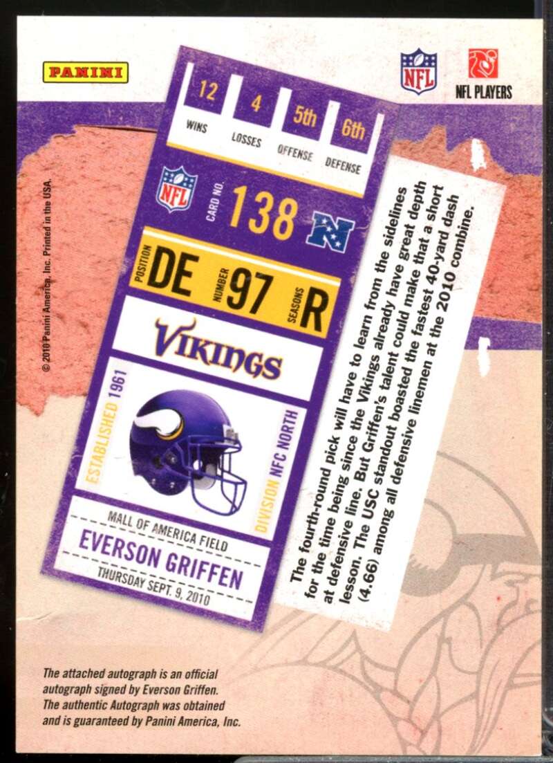 Everson Griffen RC Card 2010 Playoff Contenders Rookie Autograph #138  Image 2