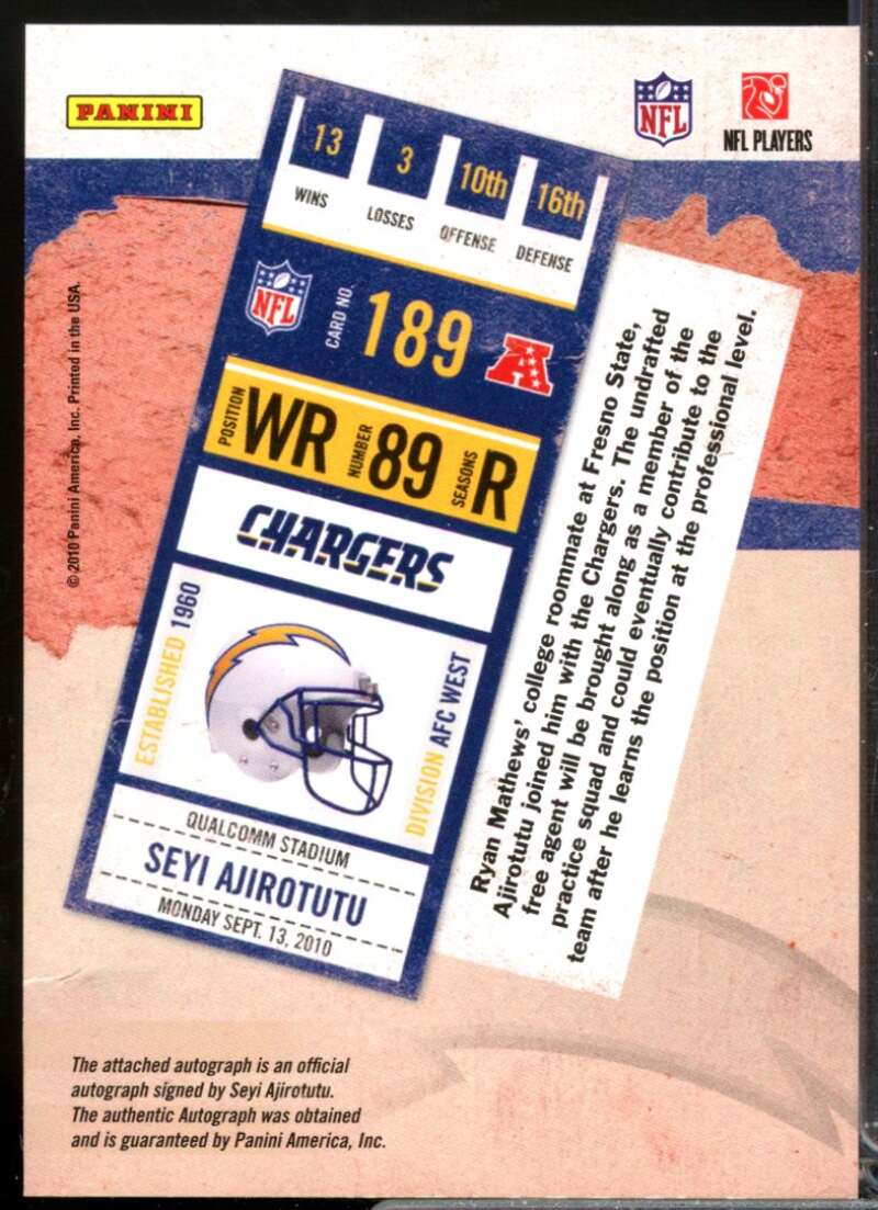 Seyi Ajirotutu RC Card 2010 Playoff Contenders Rookie Autograph #189  Image 2