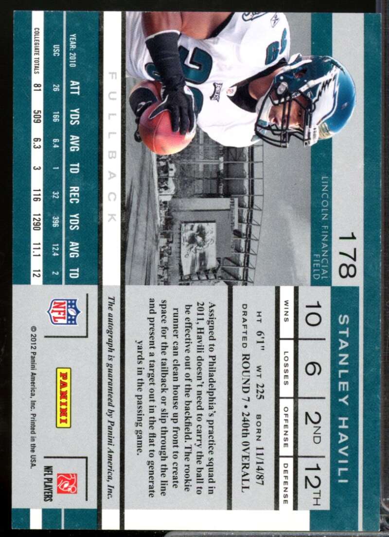 Stanley Havili RC Card 2011 Playoff Contenders Rookie Autograph #178  Image 2