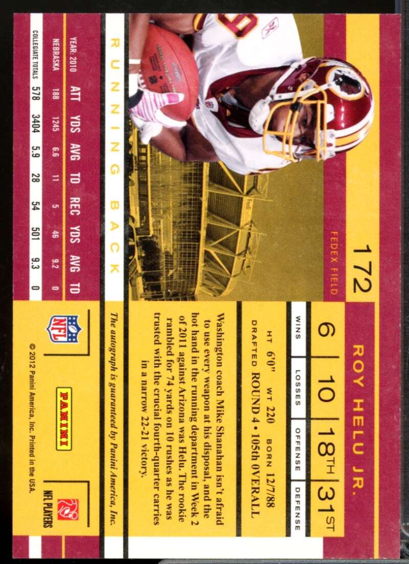 Roy Helu Jr. RC Card 2011 Playoff Contenders Rookie Autograph #172  Image 2