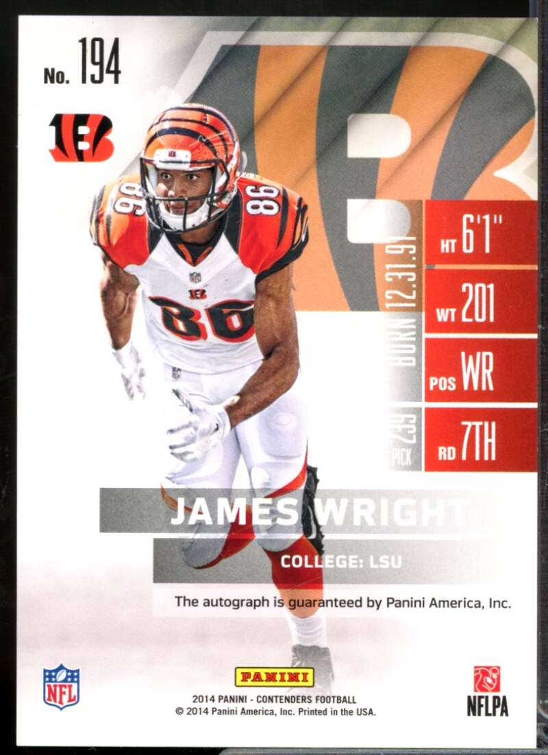 James Wright RC Card 2014 Panini Contenders Rookie Autograph #194  Image 2