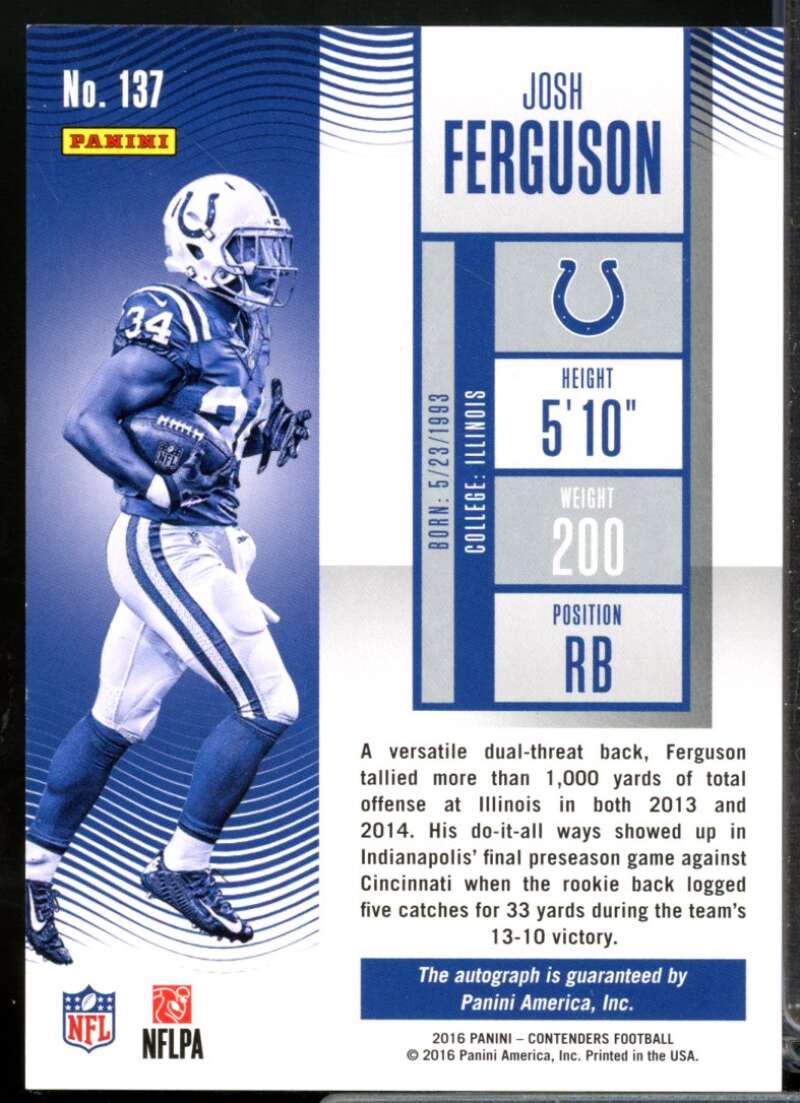 Josh Ferguson RC SP Card 2016 Panini Contenders Rookie Autograph #137  Image 2