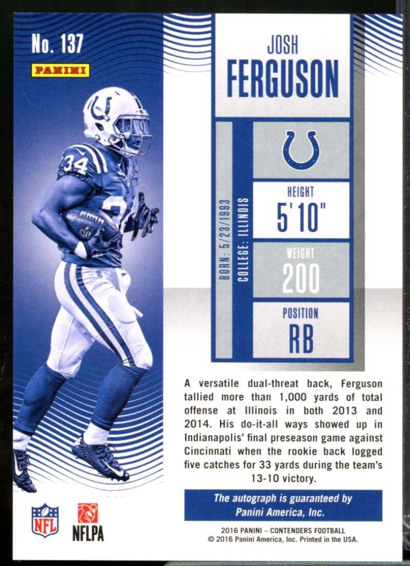 Josh Ferguson 2016 Panini Contenders Rookie Autograph Championship Ticket #137  Image 2