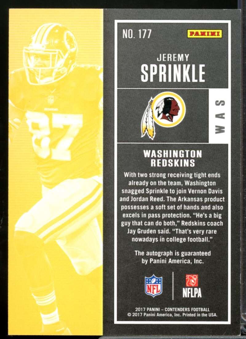 Jeremy Sprinkle RC Card 2017 Panini Contenders Rookie Autograph #177  Image 2