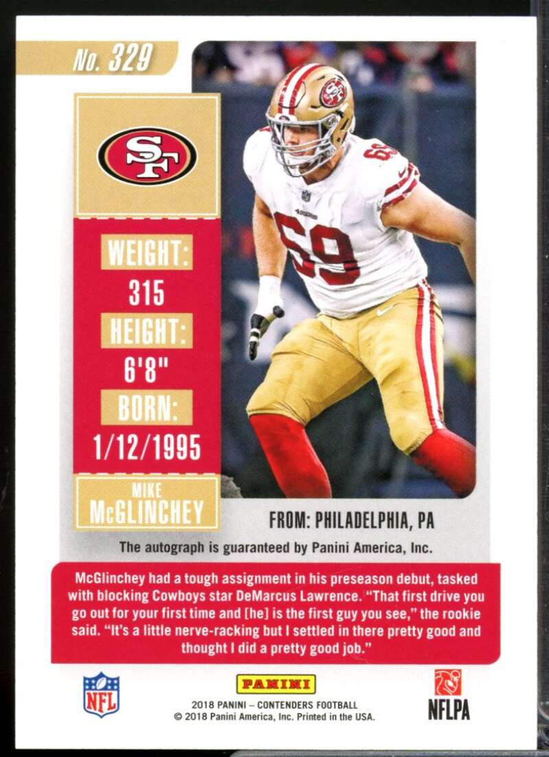 Mike McGlinchey RC Card 2018 Panini Contenders Rookie Autograph #329  Image 2