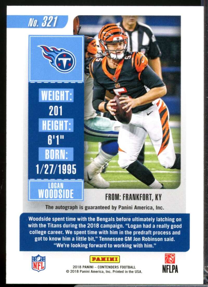 Logan Woodside RC Card 2018 Panini Contenders Rookie Autograph #321  Image 2