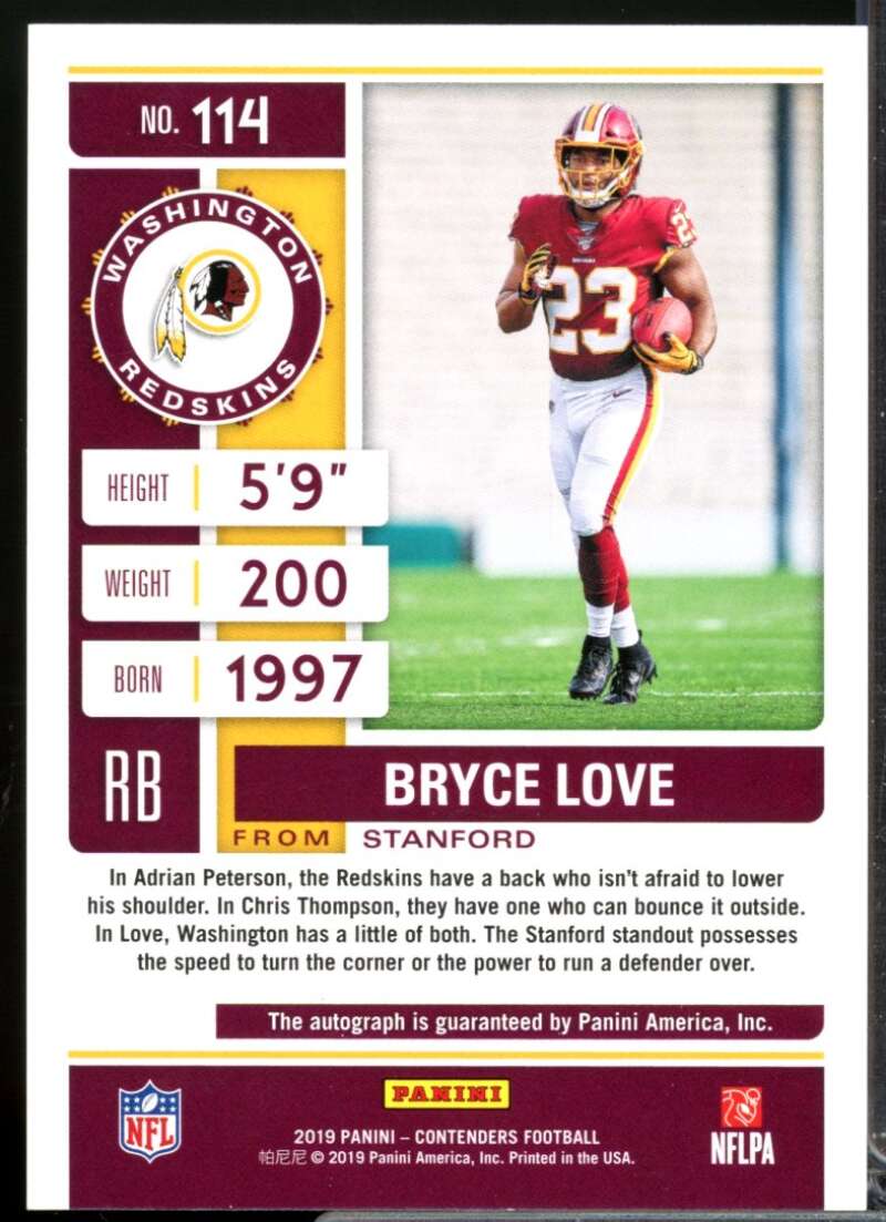 Bryce Love RC Card 2019 Panini Contenders Rookie Autograph #114  Image 2