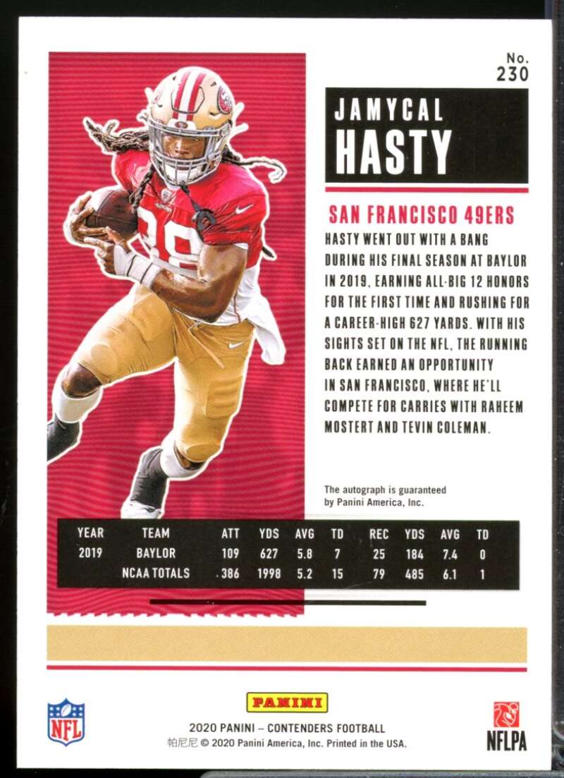 Jamycal Hasty RC Card 2020 Panini Contenders Rookie Autograph #230  Image 2