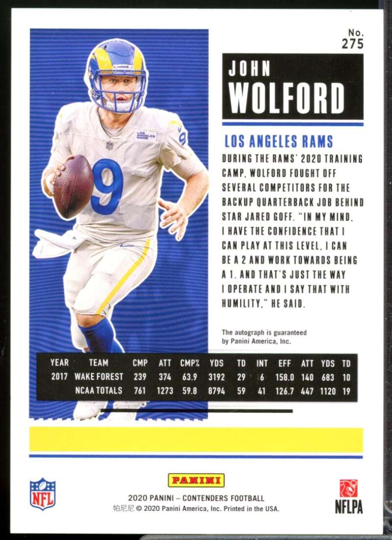 John Wolford RC Card 2020 Panini Contenders Rookie Autograph #275  Image 2