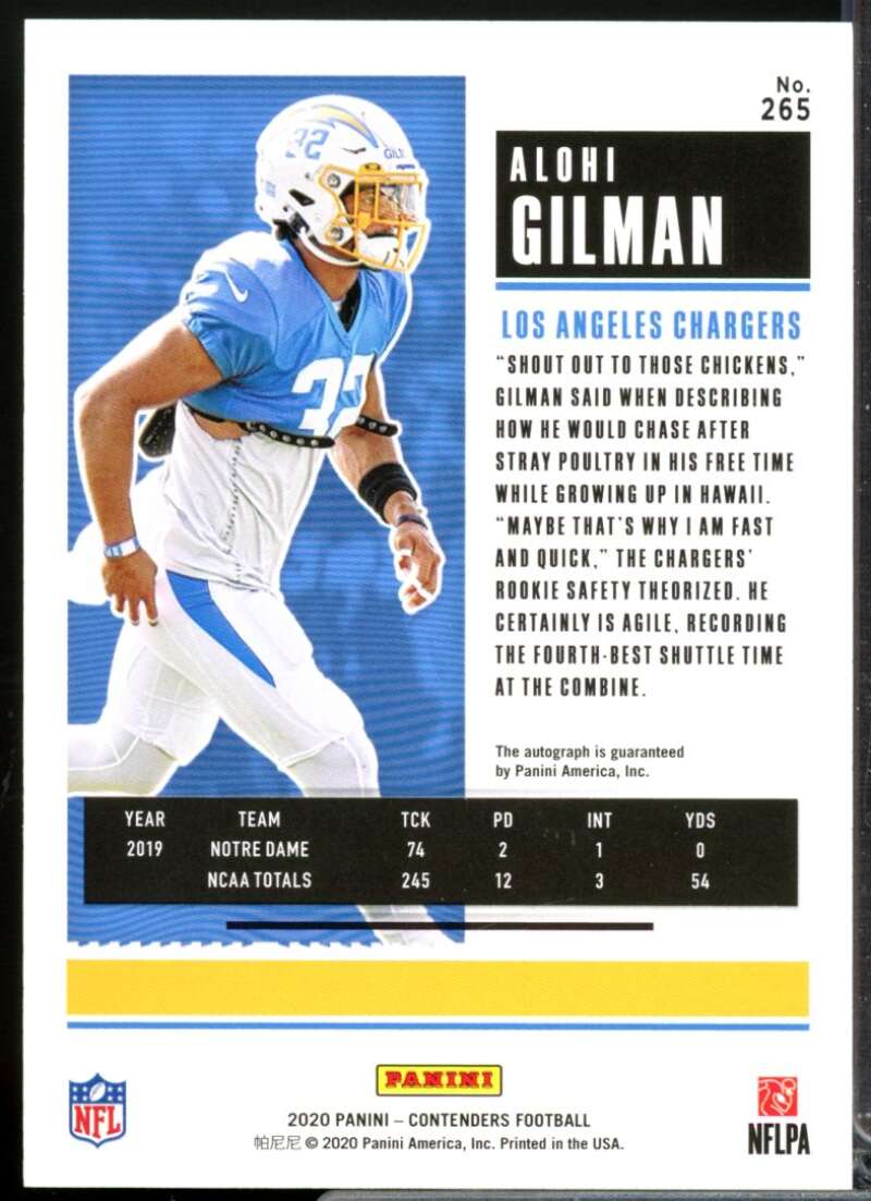 Alohi Gilman RC Card 2020 Panini Contenders Rookie Autograph #265  Image 2