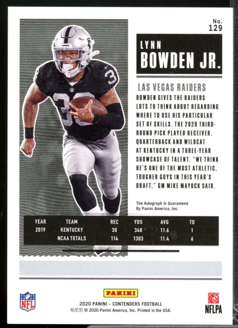 Lynn Bowden Jr. RC Card 2020 Panini Contenders Rookie Autograph #129A  Image 2
