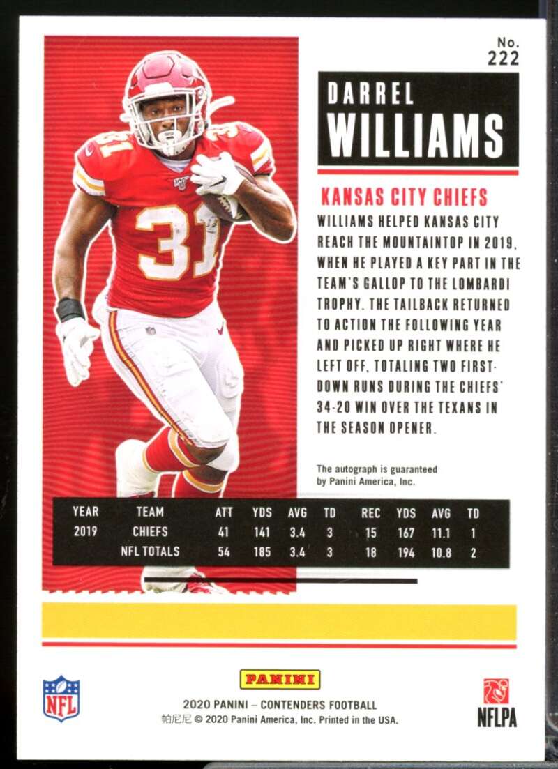 Darrel Williams RC Card 2020 Panini Contenders Rookie Autograph #222  Image 2