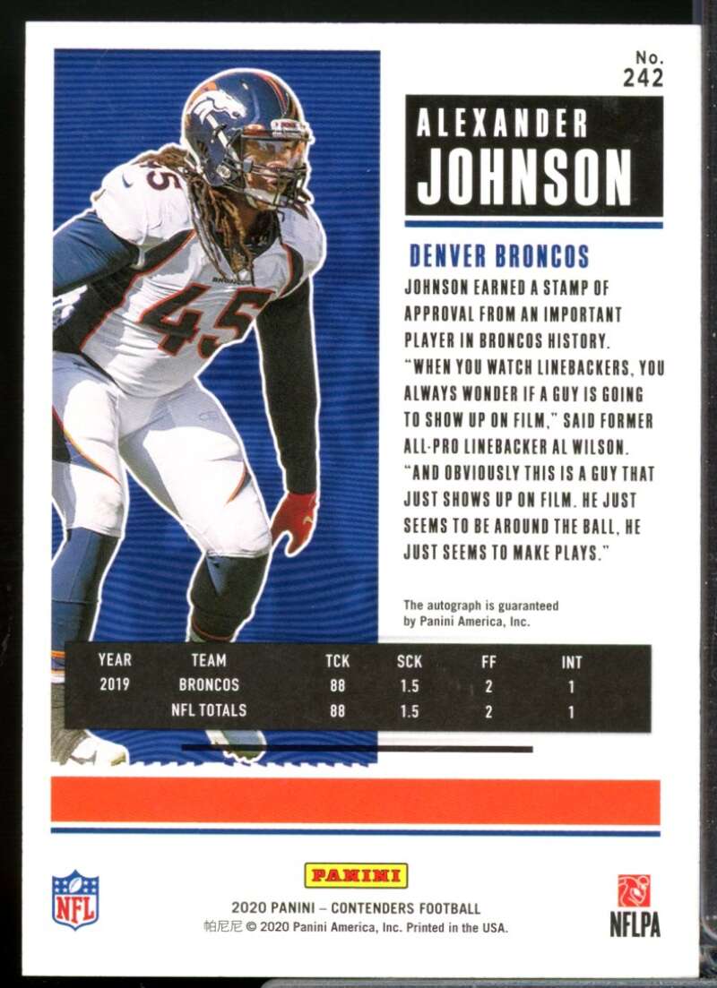 Alexander Johnson RC Card 2020 Panini Contenders Rookie Autograph #242  Image 2