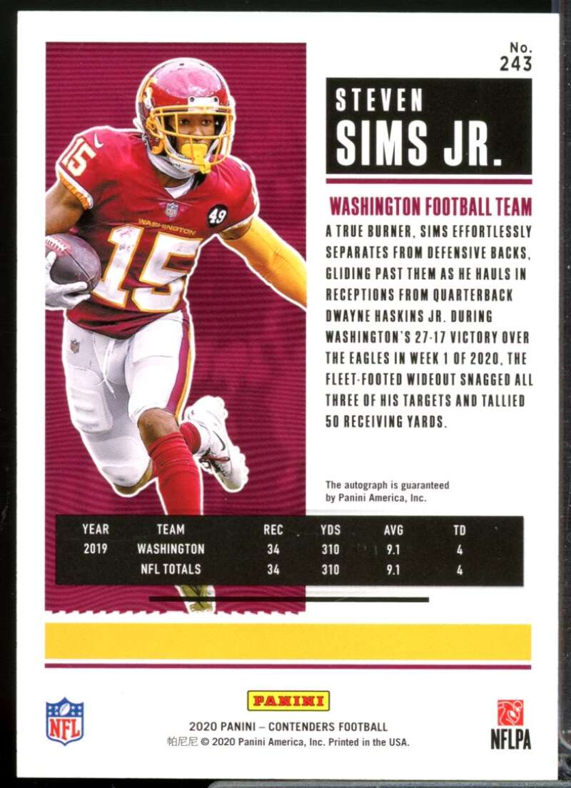 Steven Sims Jr. RC Card 2020 Panini Contenders Rookie Autograph #243  Image 2