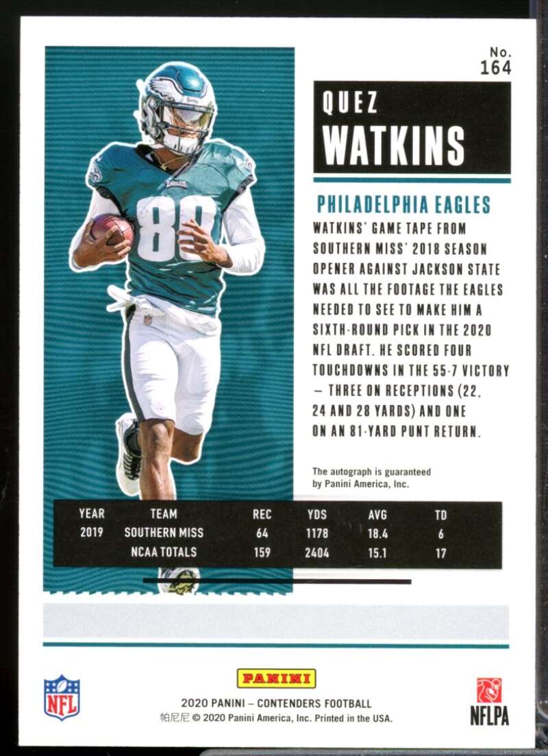 Quez Watkins RC Card 2020 Panini Contenders Rookie Autograph #164  Image 2