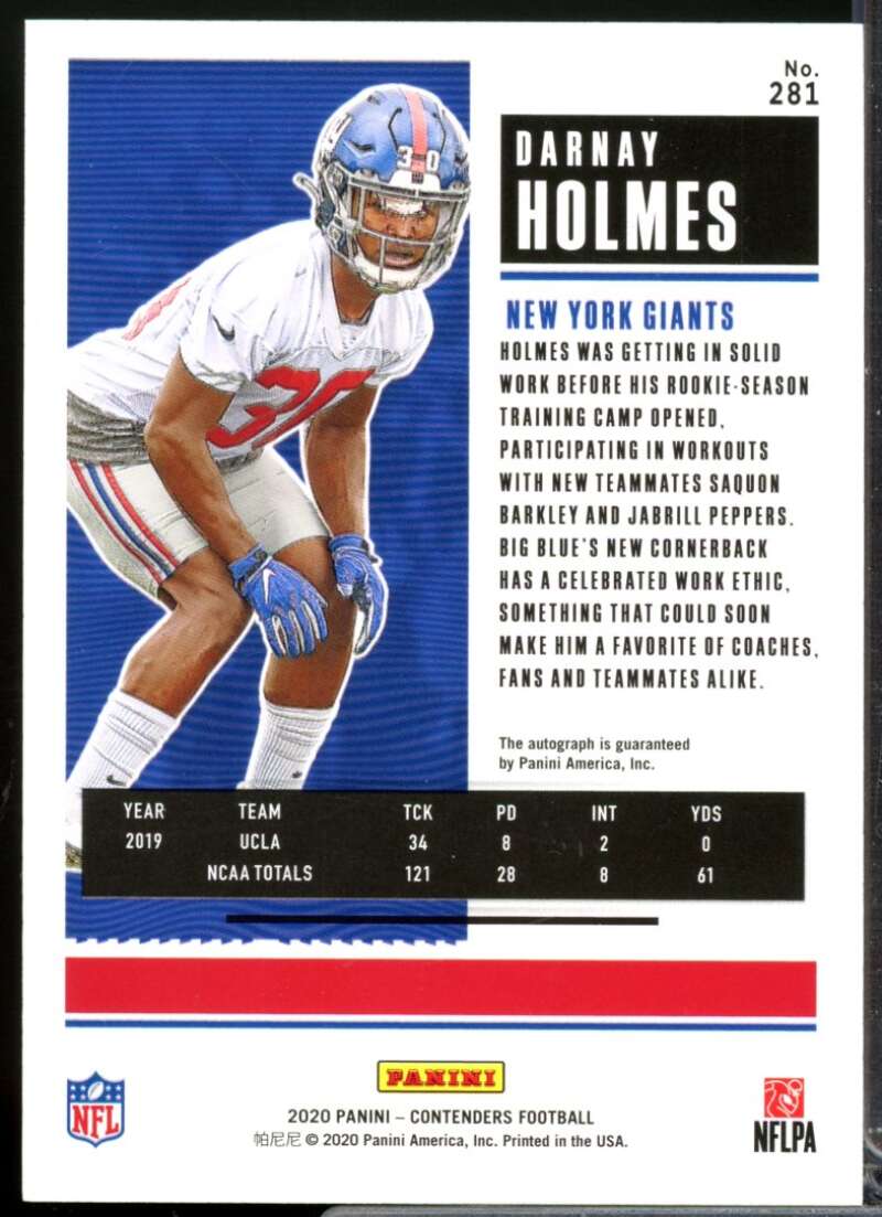 Darnay Holmes RC Card 2020 Panini Contenders Rookie Autograph #281  Image 2