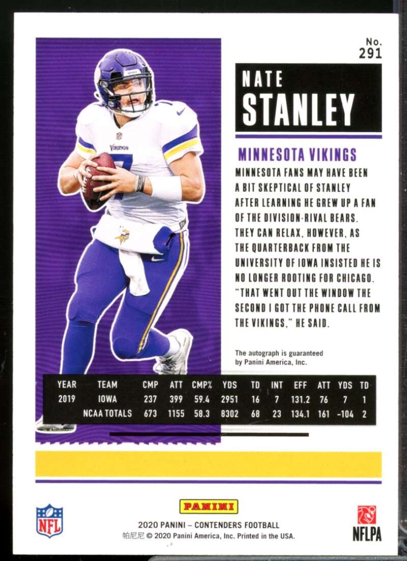 Nate Stanley RC Card 2020 Panini Contenders Rookie Autograph #291  Image 2