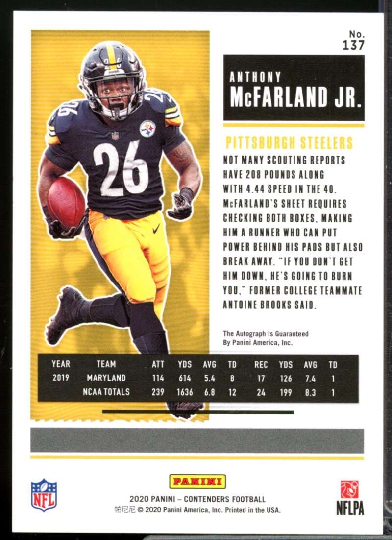 Anthony McFarland Jr. RC Card 2020 Panini Contenders Rookie Autograph #137  Image 2