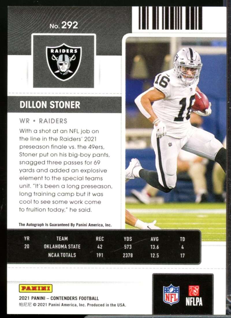 Dillon Stoner Card 2021 Panini Contenders Rookie Autograph Playoff Ticket #292  Image 2