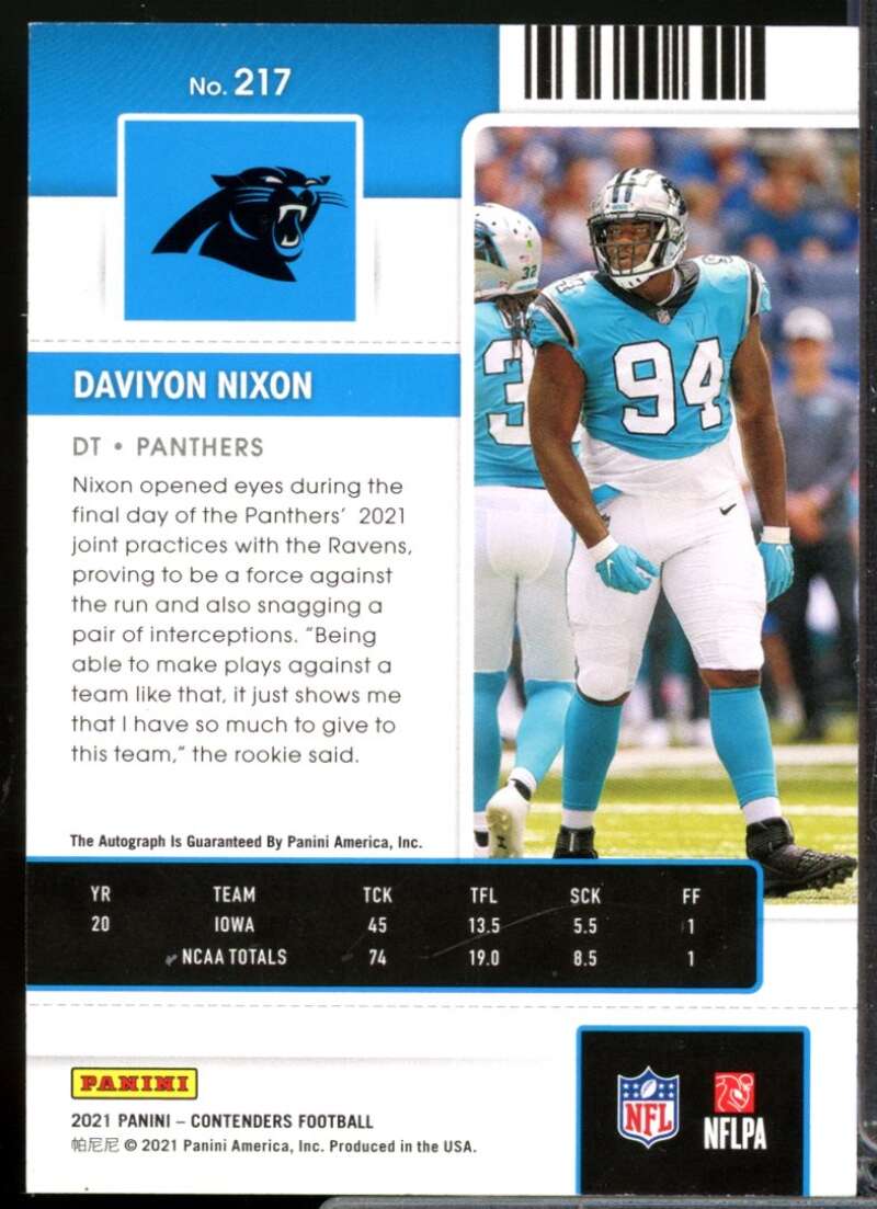Daviyon Nixon RC Card 2021 Panini Contenders Rookie Autograph #217  Image 2