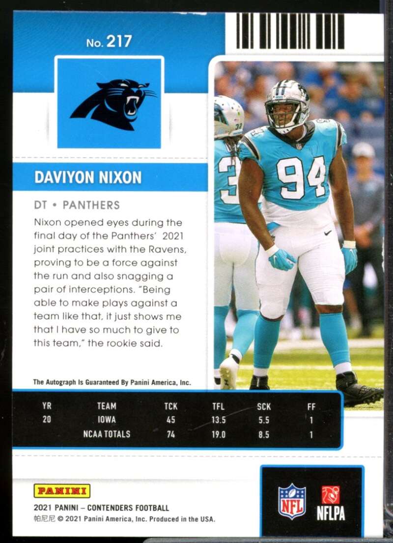 Daviyon Nixon RC Card 2021 Panini Contenders Rookie Autograph #217  Image 2