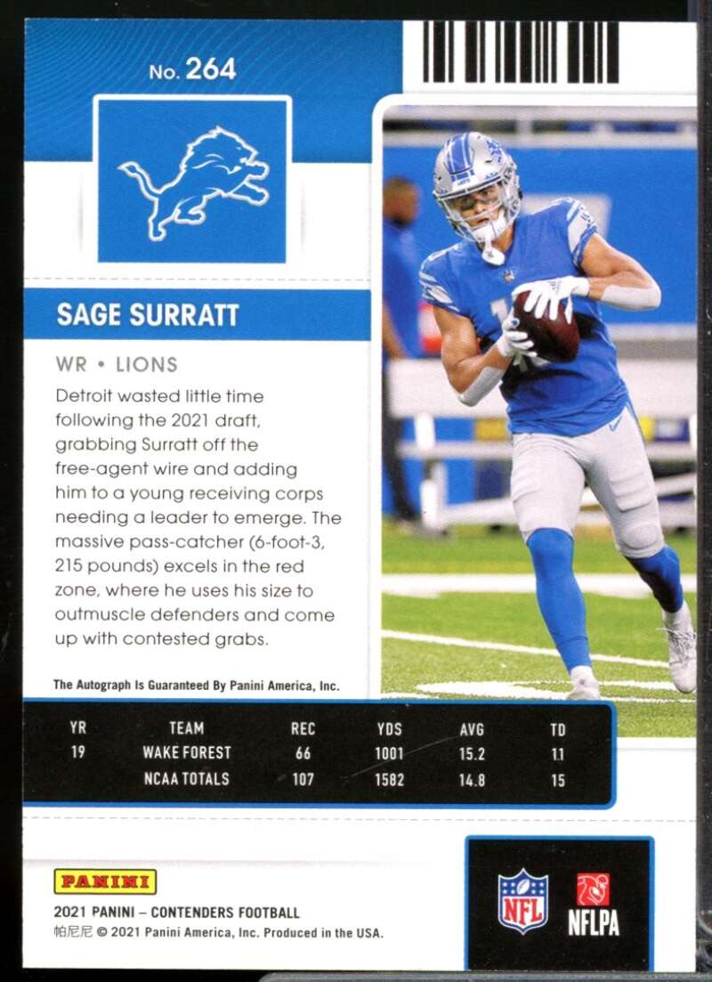 Sage Surratt RC Card 2021 Panini Contenders Rookie Autograph #264  Image 2