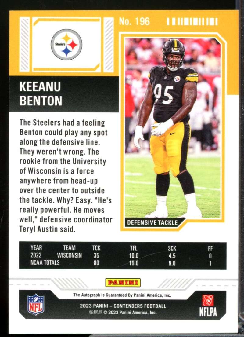 Keeanu Benton RC Card 2023 Panini Contenders Rookie Autograph #196  Image 2