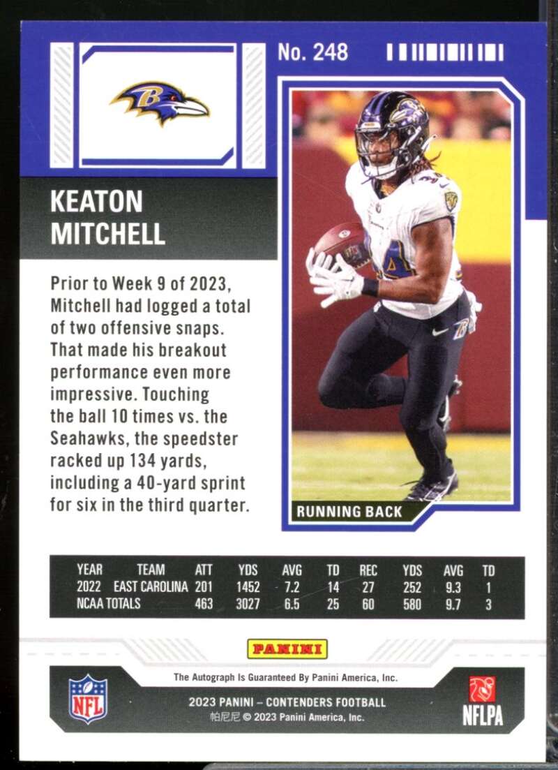 Keaton Mitchell RC Card 2023 Panini Contenders Rookie Autograph #248  Image 2