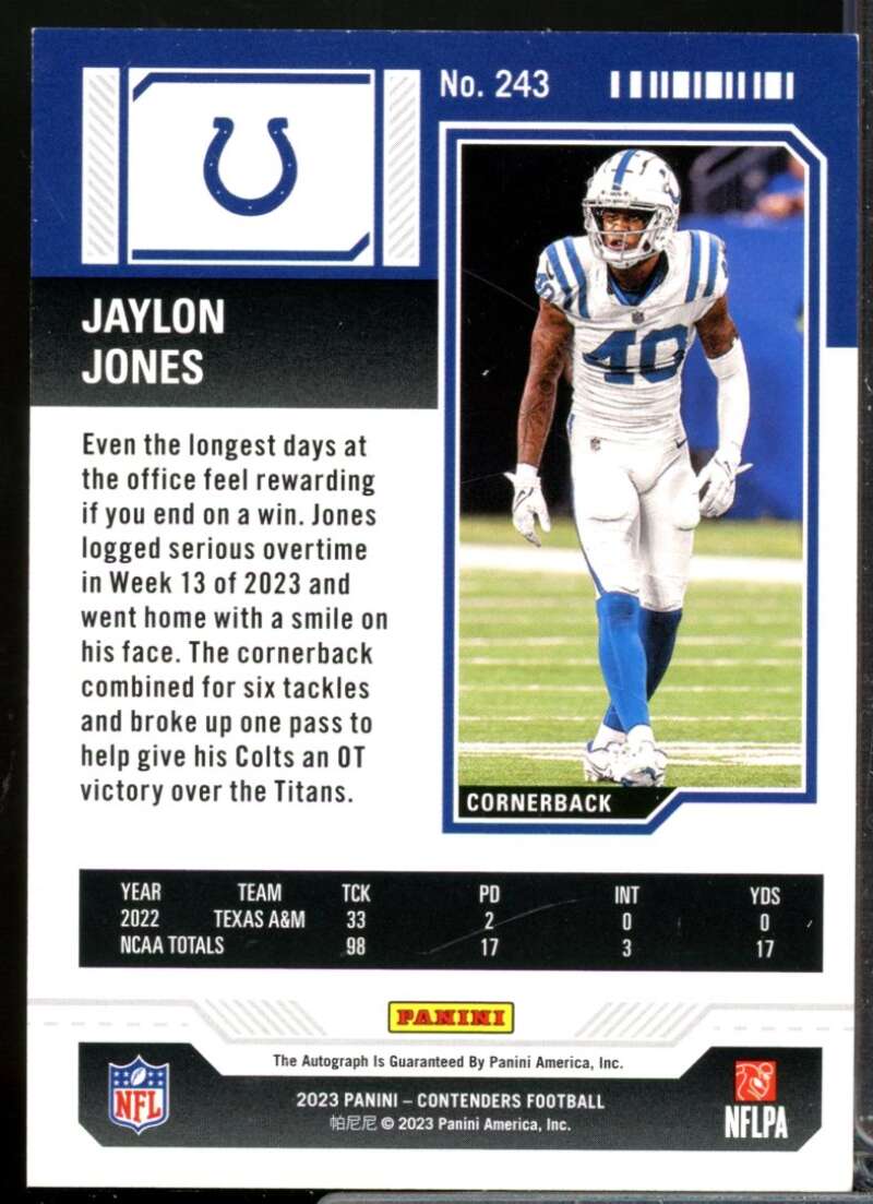 Jaylon Jones 2023 Panini Contender Rookie Autograph Opening Kickoff Ticket #243  Image 2