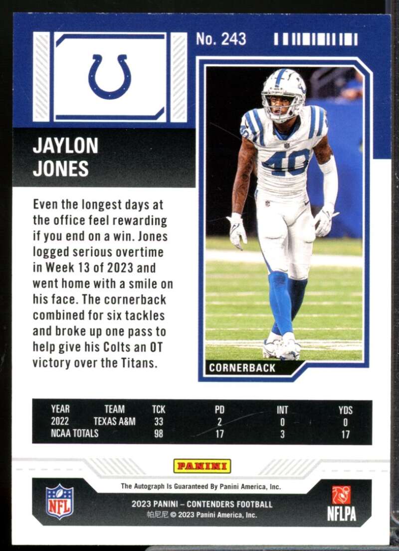 Jaylon Jones 2023 Panini Contender Rookie Autograph Opening Kickoff Ticket #243  Image 2