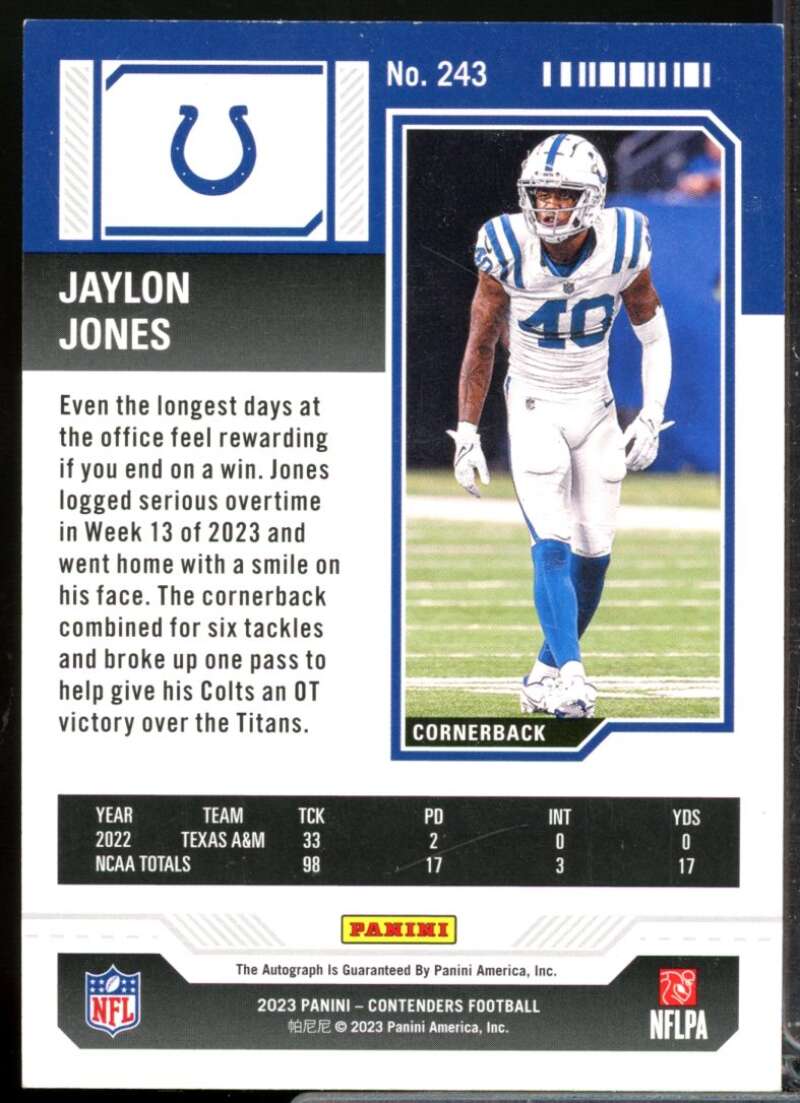 Jaylon Jones 2023 Panini Contender Rookie Autograph Opening Kickoff Ticket #243  Image 2