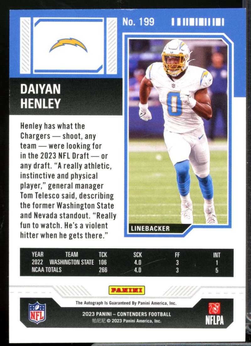 Daiyan Henley RC Card 2023 Panini Contenders Rookie Autograph #199  Image 2
