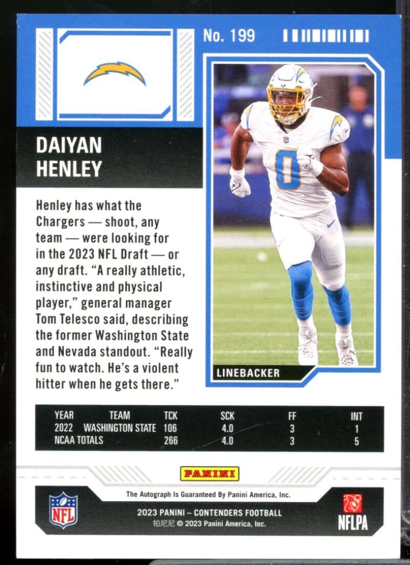 Daiyan Henley RC Card 2023 Panini Contenders Rookie Autograph #199  Image 2