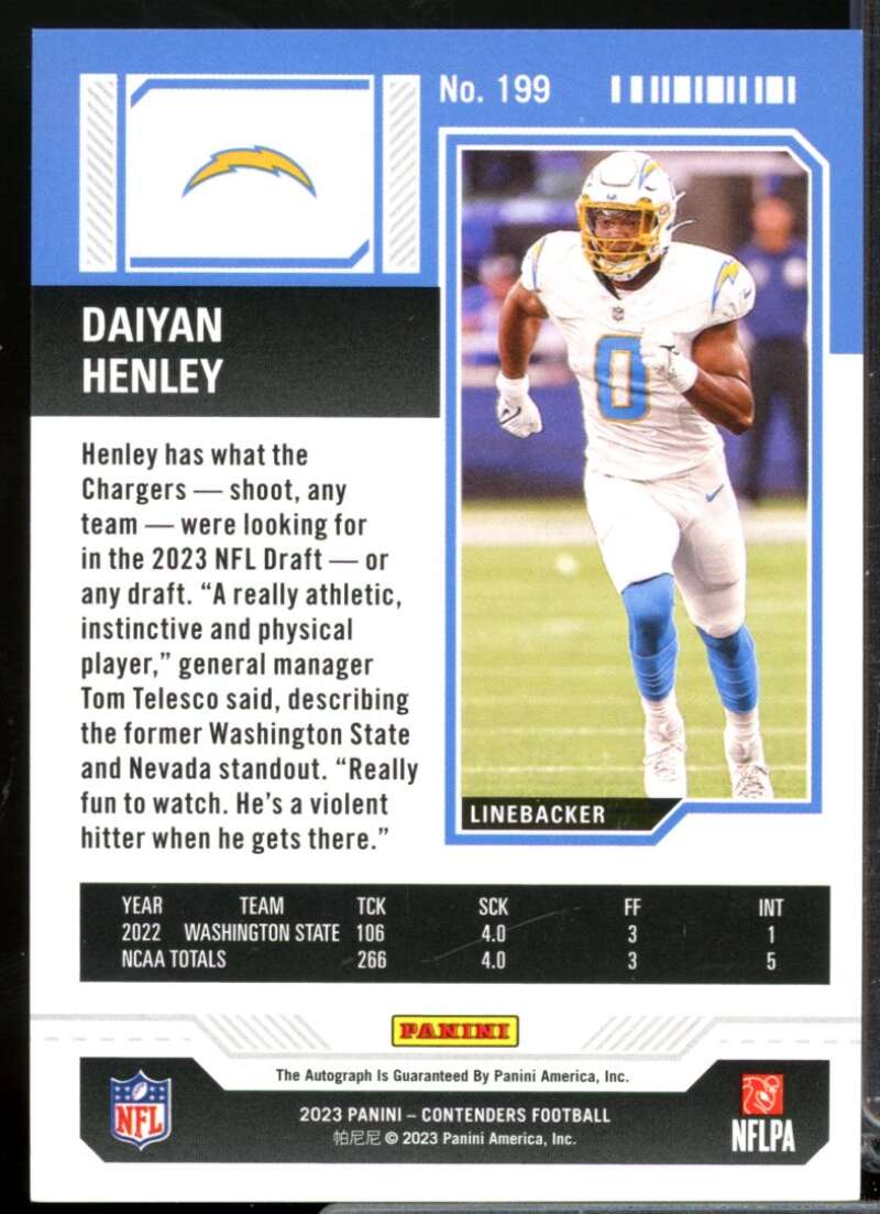 Daiyan Henley 2023 Panini Contenders Rookie Auto Opening Kickoff Ticket #199  Image 2