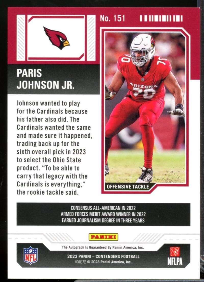Paris Johnson Jr. RC Card 2023 Panini Contenders Rookie Autograph #151  Image 2