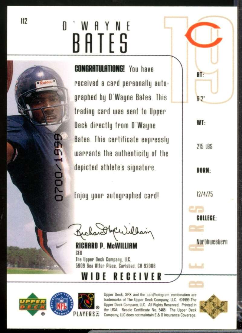 D'Wayne Bates RC Card 1999 SPx Rookie Autograph #112  Image 2