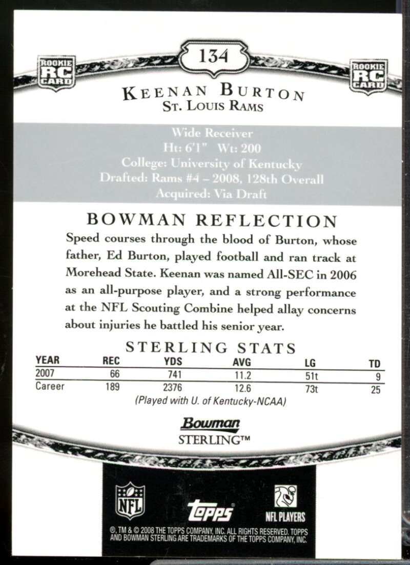 Keenan Burton RC Card 2008 Bowman Sterling Rookie Autograph #134  Image 2