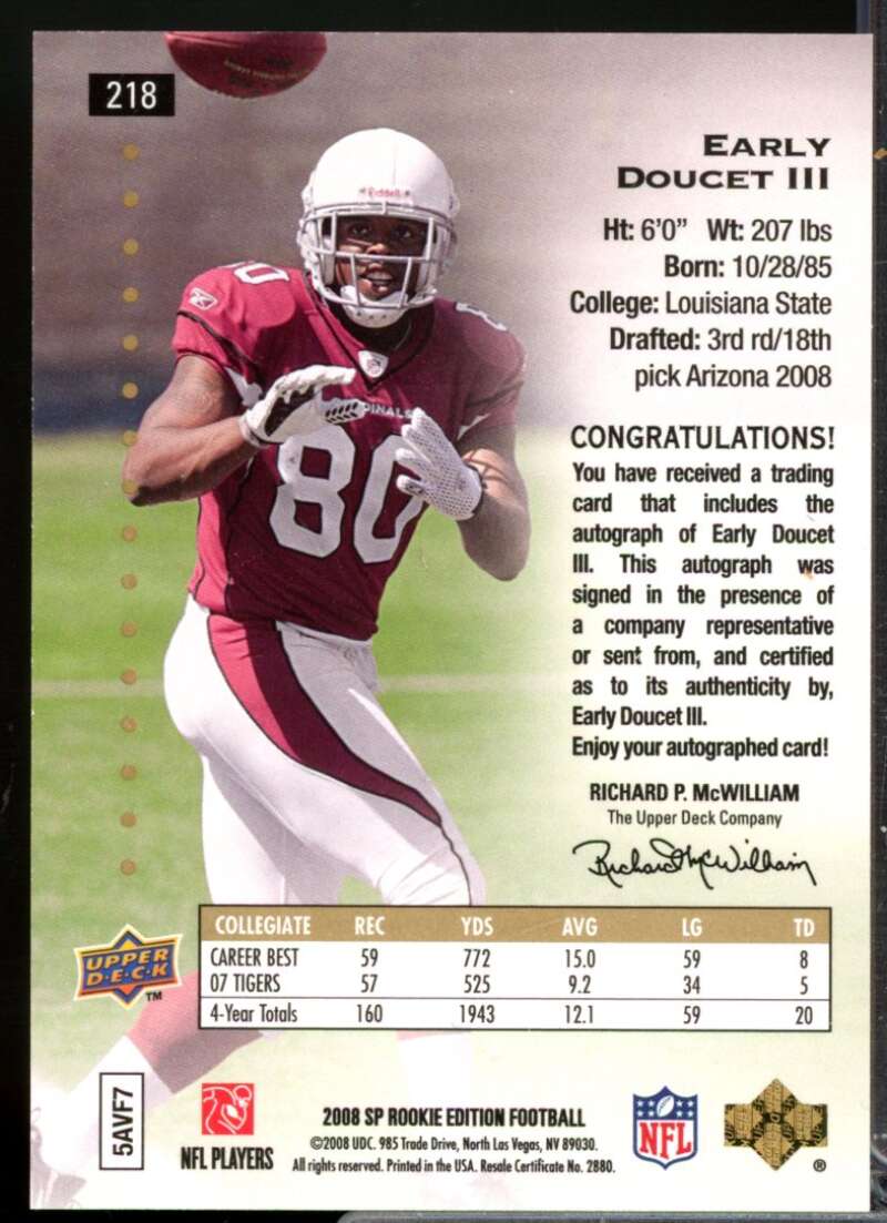 Early Doucet III 1994 Card 2008 SP Rookie Edition Autographs #218  Image 2