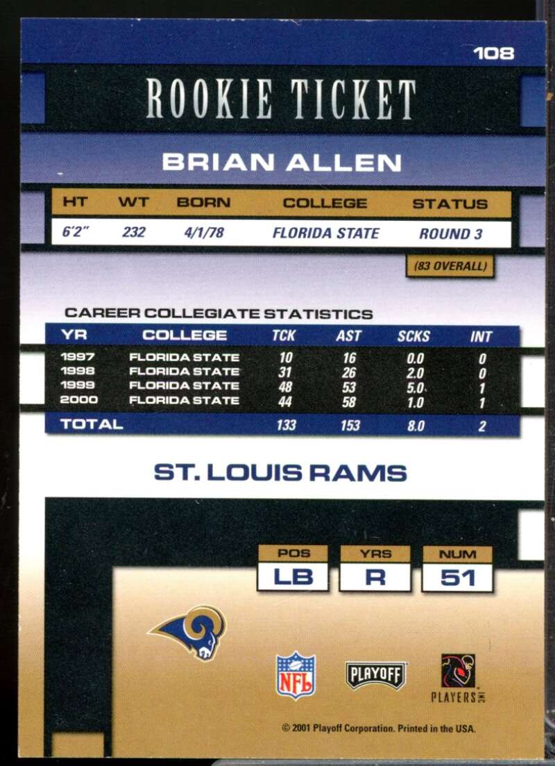 Brian Allen RC Card 2001 Playoff Contenders Rookie Autograph #108  Image 2