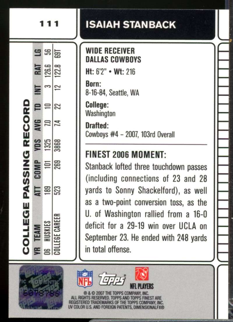 Isaiah Stanback Card 2007 Finest Rookie Autographs #111  Image 2